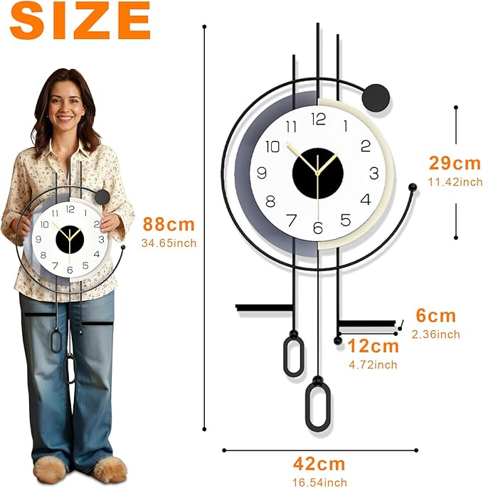 Modern Wall Clock - Large Decorative Metal Wall Clock with Pendulum Silent Non-Ticking Battery Operated Wall Decor for Living Room Office Bedroom Kitchen Hunting Household (16.5 * 34.7in)