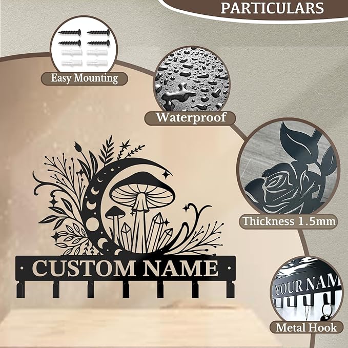 Customized Keys Holder - Personalized Mushroom Wonderland Key Hooks Wall Metal Sign Decor,Wall Holder,Door Hook (Style C)