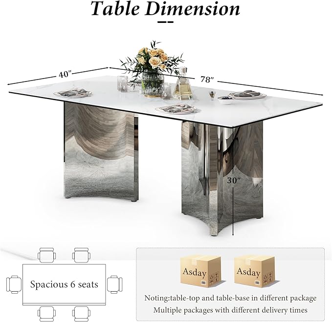 Asday 78-Inch Sintered Stone Rectangular Dining Table, Large Kitchen Table with Chrome Triangle Stainless Steel Double Pedestal for Living Room, Kitchen, Dining Room, White and Silver