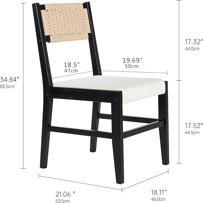 Chogori Wooden Dining Chairs, Modern Farmhouse Kitchen & Dining Room Accent Side Chairs with Woven Rope Back and Fabric Upholstered for Home, Living Room (Black, Set of 2)