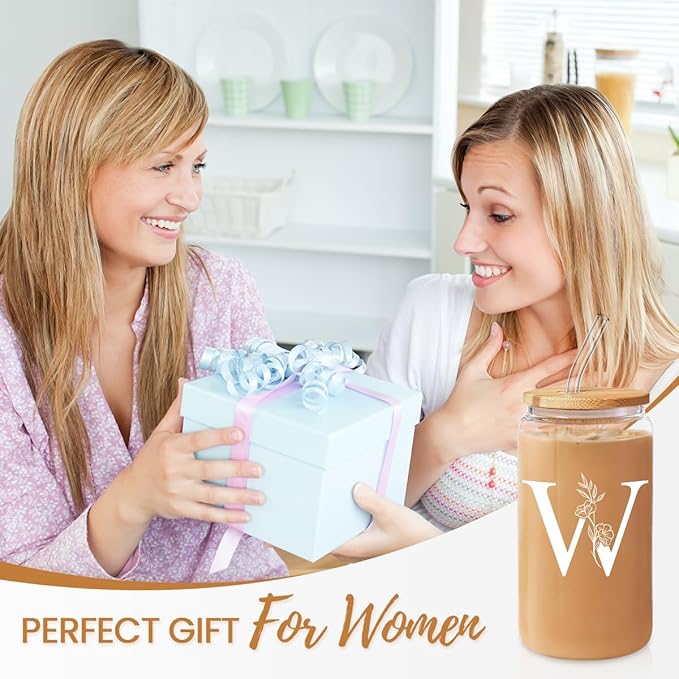 SANDJEST Monogrammed Gifts for Women - Monogram W Initial Glass Cup 16 Oz Can Coffee Cups with Lid and Straw - Monogram Initials Gifts for Womens on Birthday