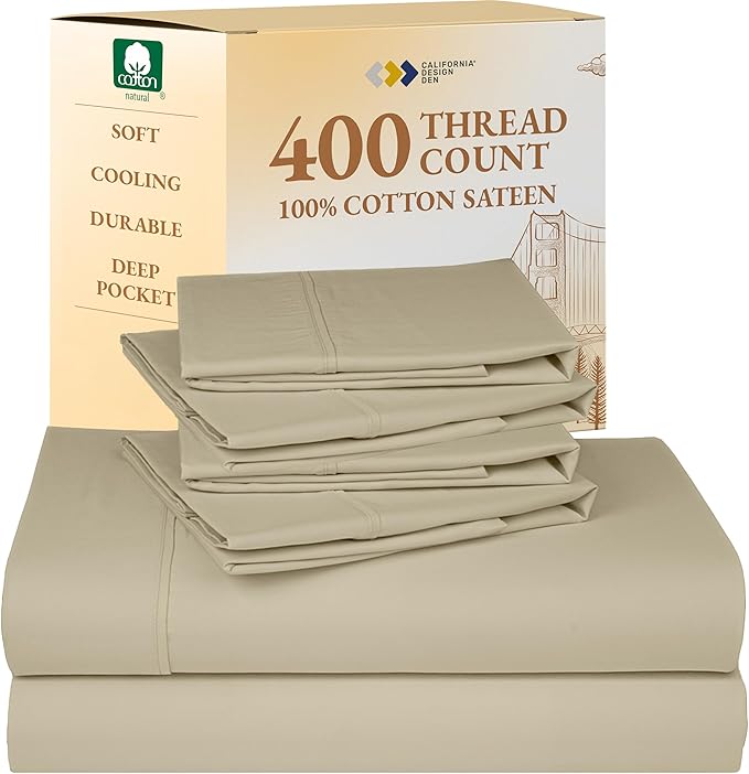 California Design Den 6 Piece King Size Sheets Set with 4 Pillowcases - Soft 400 Thread Count Sateen, 100% Cotton Sheets King Size with Deep Pockets, Cool and Durable Bedding Set - Beige (Golden Tone)