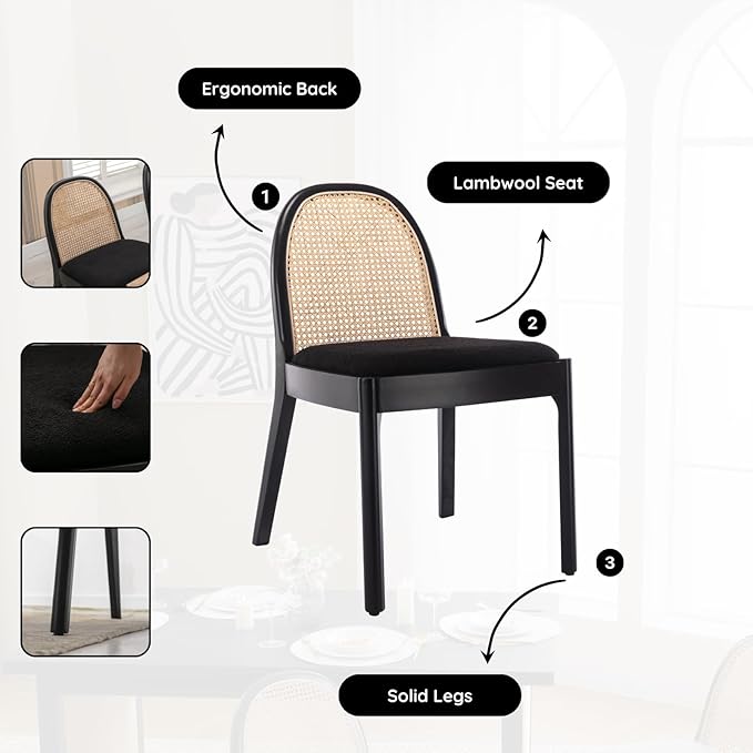 HEAH-YO Rattan Dining Chairs Set of 4, Upholstered Sherpa Dining Room Chairs with Backrests, Modern Kitchen Chairs with Wood Legs for Dining Room, Black