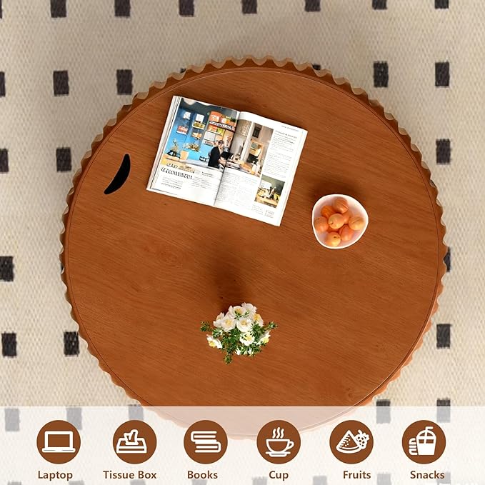 Round Drum Coffee Table with Storage Modern Coffee Table with Solid Wood Veneered Circle Center Table Accent Tea Table for Living Room Apartment Small Space (39.4in)