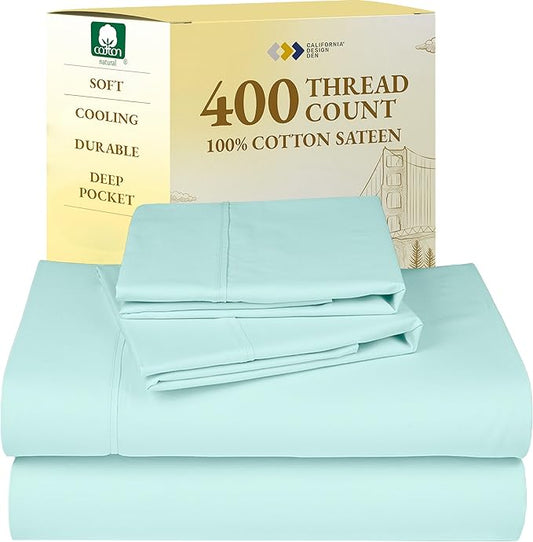 California Design Den Natural 100% Cotton Sheets, Soft Queen Sheet Set, 400 Thread Count Sateen, Deep Pockets with All-Around Elastic for a Snug Fit, Cool & Durable Bedding Set - Seafoam