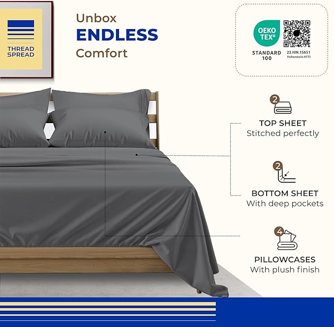 THREAD SPREAD 100% Egyptian Cotton Queen Size Sheet Set Pack of 2-High Thread Count Queen Size Sheets Set Egyptian Cotton, (Dark Grey), 16" Deep Pocket, Cooling Sateen Weave Ultra Luxury Bedsheets