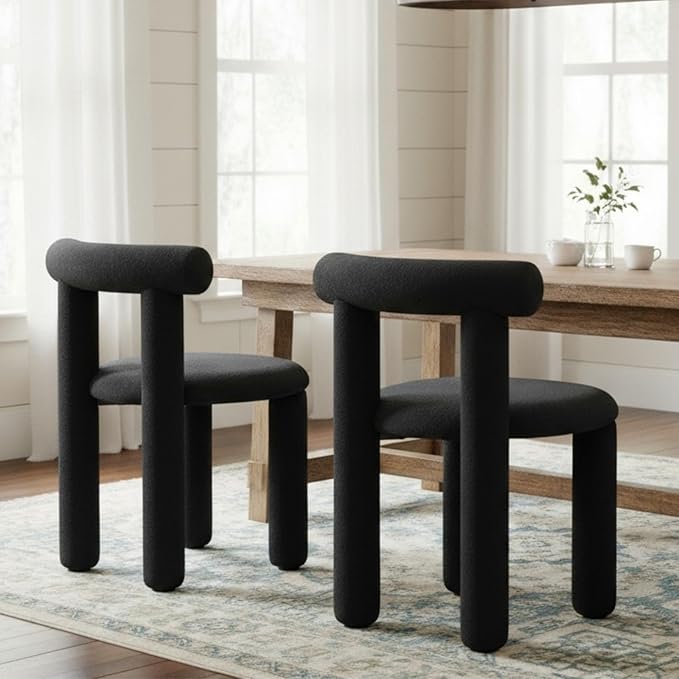 DUOMAY Modern Black Boucle Dining Chairs Set of 8, Sherpa Upholstered Kitchen Chairs Armless Barrel Back Dining Chair, Living Dining Room Chairs, Reception, White