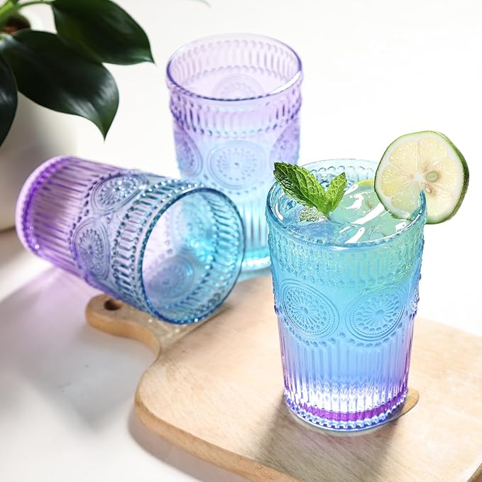 6pcs Vintage Drinking Glasses Set, 12 oz Glass Cups, Embossed Ribbed Glassware Drinking Glasses for Cocktail, Water, Juice, Coffee, Whiskey