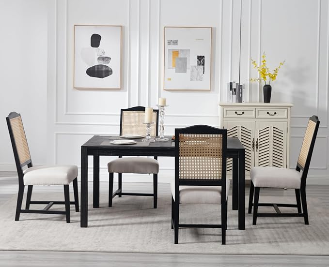 EALSON Rattan Dining Chairs Set of 6 Linen Upholstered Chairs for Dining Room, Mid-Century Modern, Black Wood Frame, Beige