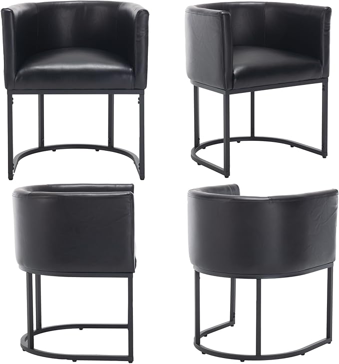 Faux Leather Dining Chairs Set of 3 Modern Barrel Arm Chairs with Black Metal Frame, Upholstered Kitchen Chairs 18.5" Wide Accent Chair for Living Room Dining Room Restaurant, Black