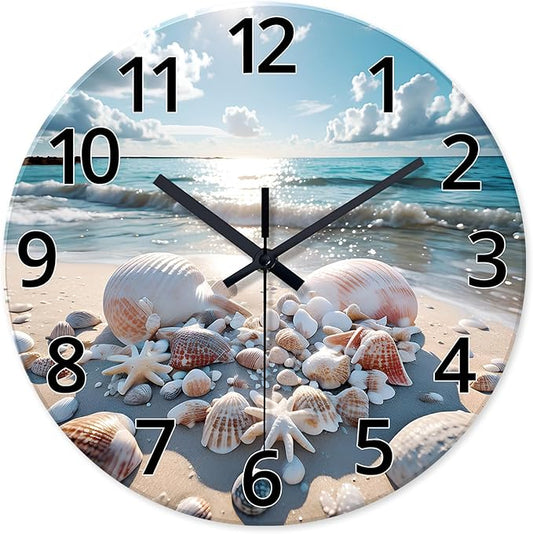 XNM Round Wall Clock Battery Operated 14 Inch Blue Beach Shell Analog Wall Clock for Kitchen Coastal Glass Clock Silent