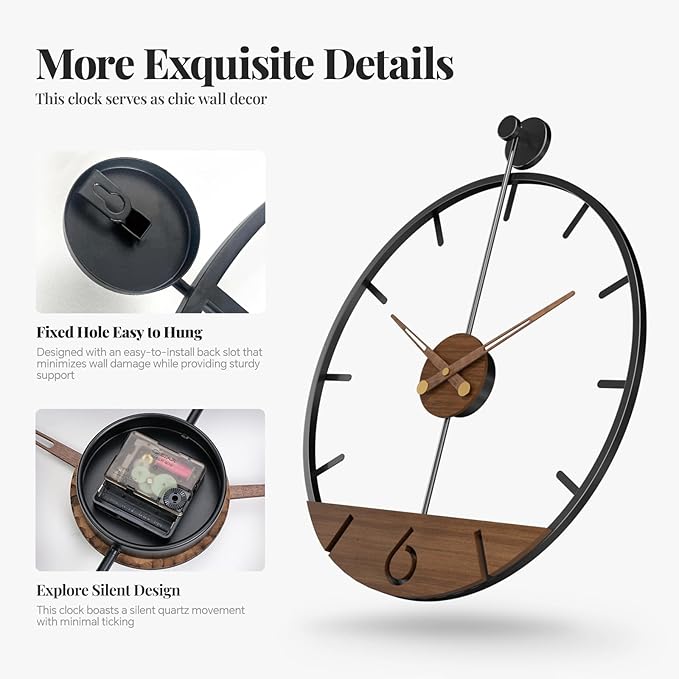 Cuspin Large Wall Clock 30 Inch Modern Farmhouse Wall Clock Battery Operated for Living Room Decor, Walnut Wood Dial with Black Metal Frame, Silent Non Ticking Clocks for Kitchen, Office, Bedroom
