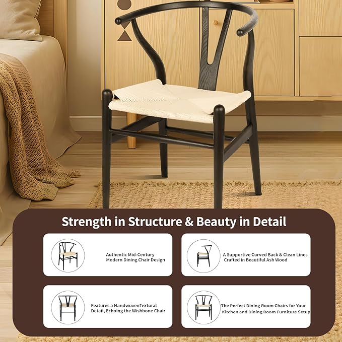Tomile Wishbone Chair Y Chair, Wooden Dining Chairs Set of 4, Mid Century Modern Chairs with Arms, Solid Wood Weave Seat Kitchen & Dining Room Chairs (Ash Wood-Black Frame + Natural Cord)