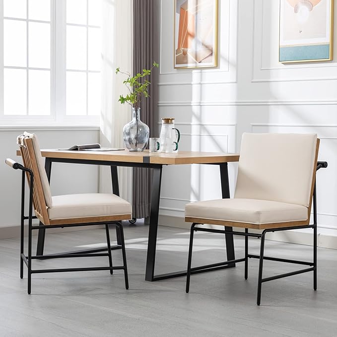 DUOMAY Mid-Century Modern Dining Chairs Set of 4, PU Leather Side Chair with Rear Handle, Armless Chair with Metal Legs for Kitchen Dining Room Living Room Vanity, Beige