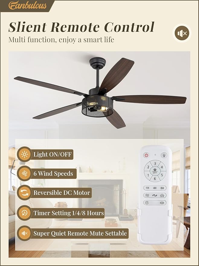 Farmhouse Ceiling Fans with Lights and Remote, 60 Inch Industrial Black Caged Ceiling Fans for Living Room Bedroom Kitchen, 6 Speed Reversible Quiet DC Motor, Dual Finish 5 Blades