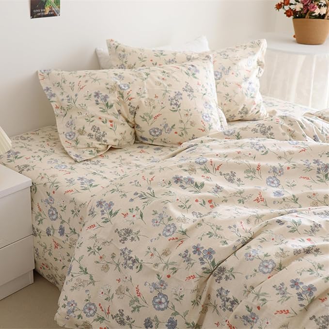 EAVD Garden Floral Comforter Set King Size Bed Soft Fluffy Chic Cute Floral Print Bedding Set 3 Pieces Cottagecore Botanical Comforter Set with 2 Pillowcases for All-Season