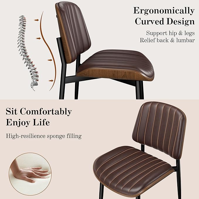 Dining Chairs Set of 8, Mid-Century Modern Upholstered PU Leather Chairs with Walnut Bentwood Back and Metal Legs Adjustable Feet for Kitchen Dining Living Room, Dark Brown Vertical Stripes