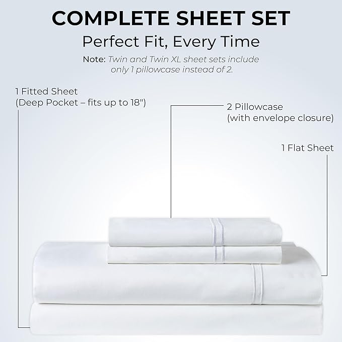100% Natural Cotton Sheets Queen Size Bed Set | 500 TC Single-Ply Sateen Weave | Soft, Breathable, Hypoallergenic Solid 4-Piece Bedding with Deep Pocket Fitted, Flat, Pillowcase | White