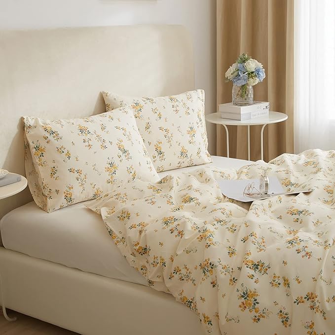 EAVD Yellow Floral Comforter Set Full Bed White Soft Microfiber Chic Garden Floral Bedding Set 1 Full Comforter and 2 Pillowcases Reversible Botanical Comforter Set for All-Season