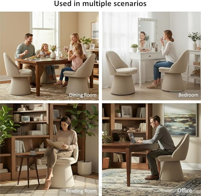 Swivel Dining Chairs Set of 1, Upholstered Mid Century Modern Deskchair with Round Back, Linen Fabric Kitchen Chairs for Dining Room, Bedroom, Dressing Room, Khaki