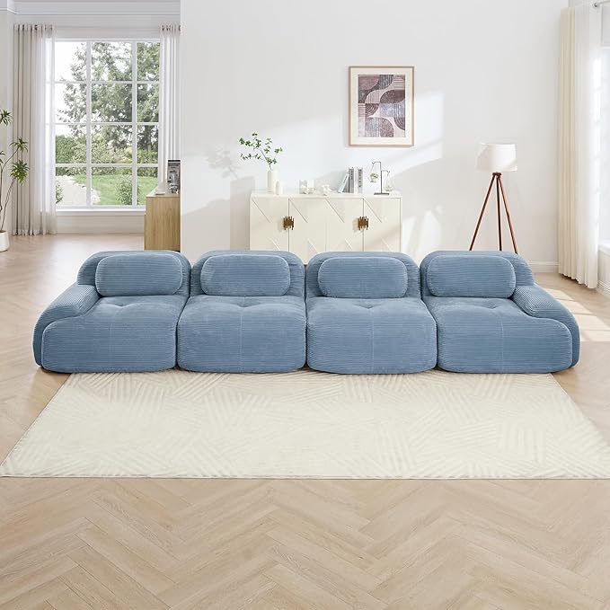 152" Modern Compressed Boneless Couch, 4 Seater Sectional Couches for Living Room, Blue Corduroy Cloud Modular Sectional Sofa, Comfy Memory Foam, Extra Deep, Sofas para Sala, No Assembly
