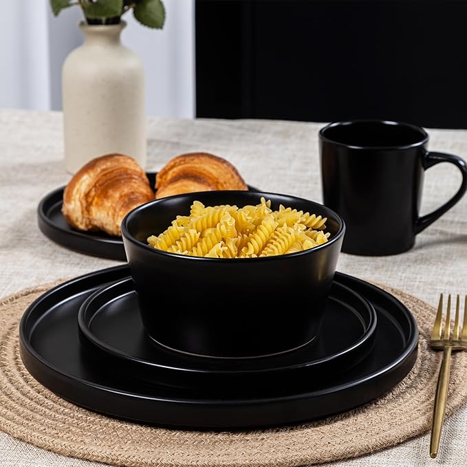 Dinnerware Sets for 4 - CJDC-QUELO 12-Piece Stoneware Plates and Bowls Sets, Ceramic Dishware Sets for Kitchen Use and Formal Dining, Chip and Scratch Resistant Microwave Dishwasher Safe, Black
