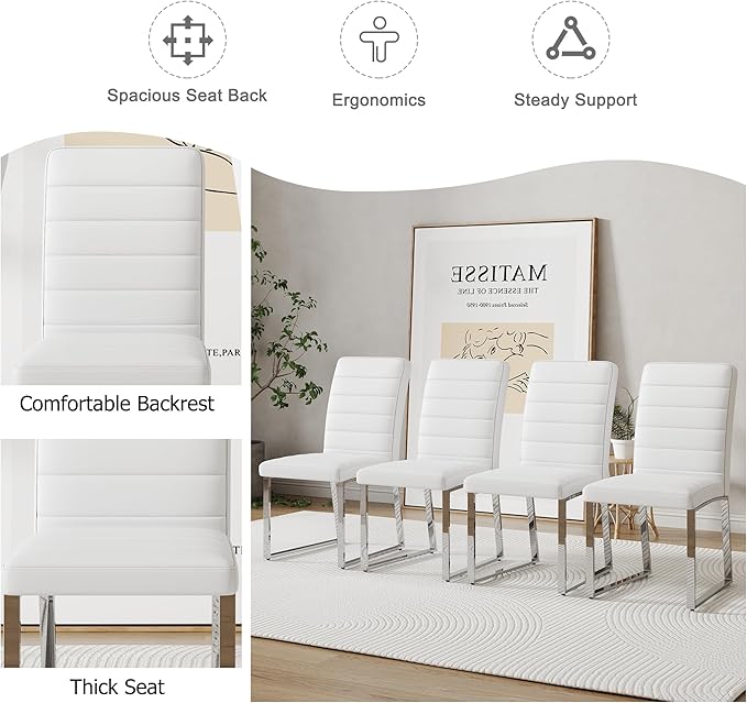 Modern Dining Chairs Set of 4, White Faux Leather Kitchen Chairs, Upholstered Armless Dining Room Chair with Gold Mental Legs Heavy Duty, Comfortable (White Chairs, Set of 6)