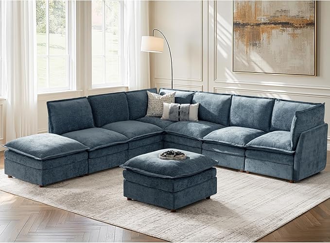 HULALA HOME Oversized Modular Sectional Sofa with Dual-Layered Cushions, 8 Seater Sleeper Sofa with Storage Ottoman and Removable Cover, Modern Deep Seat Cloud Couch for Living Room, Blue