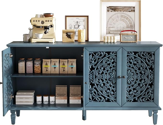 Retro 60'' Large Storage Cabinet Sideboard with 4 Hollow-Carved Doors and Adjustable Shelves, Acacia Wood Vintage Entryway Console Table TV Stand for Living Room Dining Room (Antique Blue-LK)