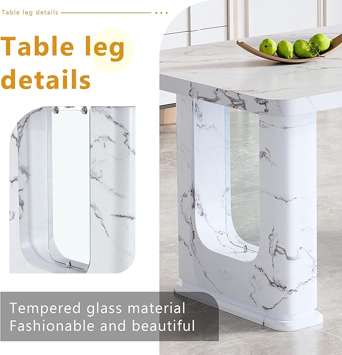 Dining Room Table for 6 - White Faux Marble Dining Table with 1.7-Inch Thick Seamless Tabletop and Dual Pedestal Base,64.5'' Mid Century Modern Dining Table Ideal for Kitchen,Home Office
