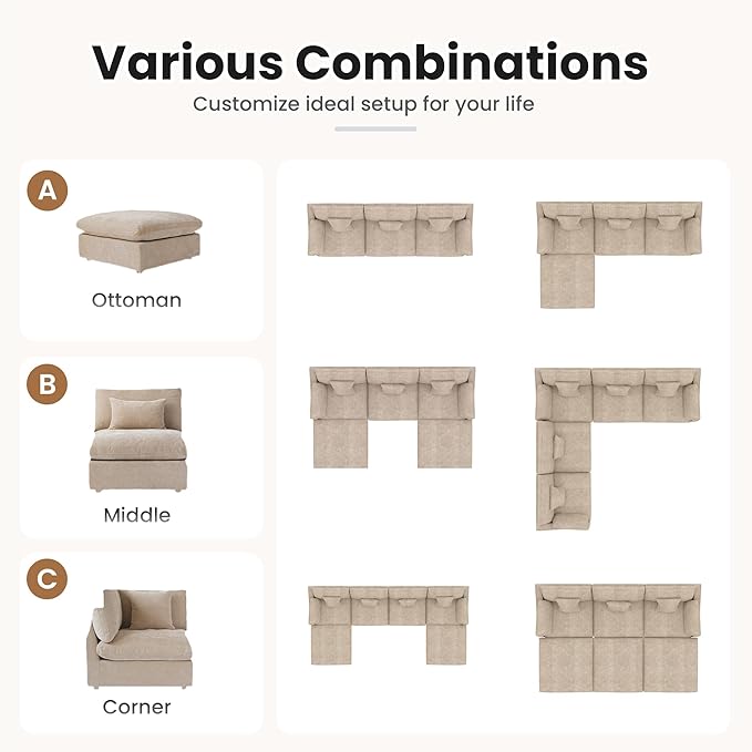 WJShome 83" Cloud Couch Sectional for Living Room, Down Filled Modular Sectional Sofa,Love Seat Sofas,Convertible Couch, Sofa Covers Washable&Replaceable,Khkai