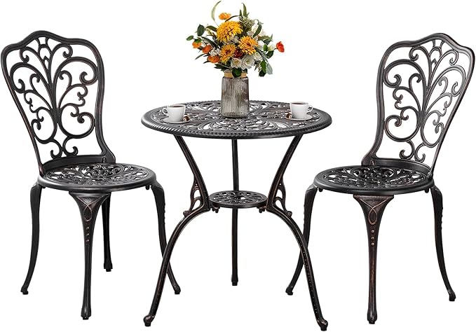 3 Piece Patio Set Outdoor Bistro Set,Cast Aluminum Bistro Table and Chairs Set of 2 with Umbrella Hole,All Weather Patio Bistro Sets for Front Porch Set Garden,Backyard(Brown)