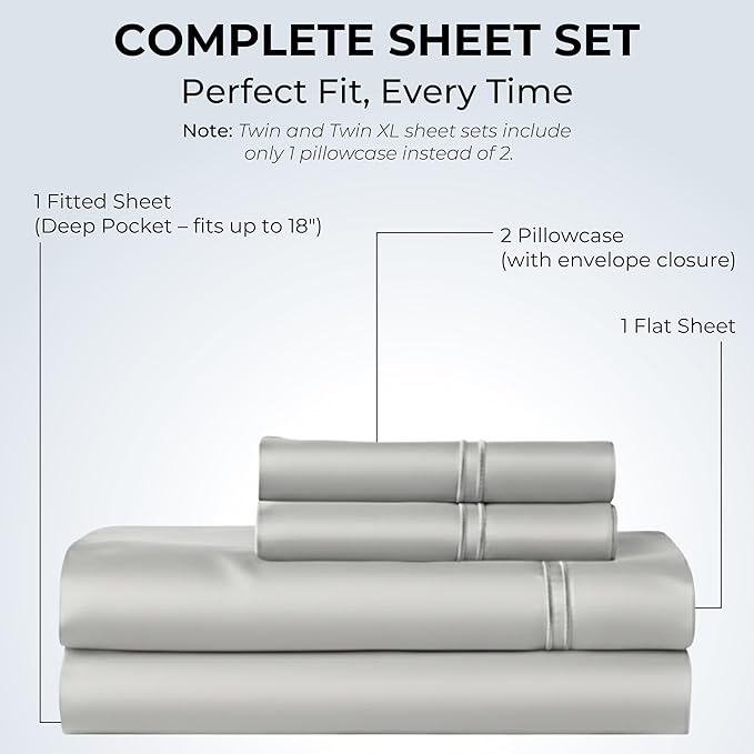 100% Natural Cotton Bed Sheets | 500 TC Single-Ply Sateen Weave King Size Sheets Set | Breathable & Hypoallergenic Solid 4-Piece Bedding with Deep Pocket Fitted, Flat, Pillowcase | Grey