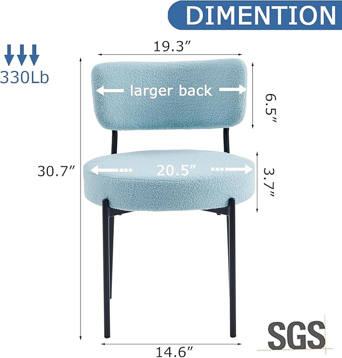 Blue Boucle Dining Chairs Set of 6, Upholstered Dinner Chair with Metal Frame, Dining Room Chairs with Padded Seat, Round Modern Seating for Living Room