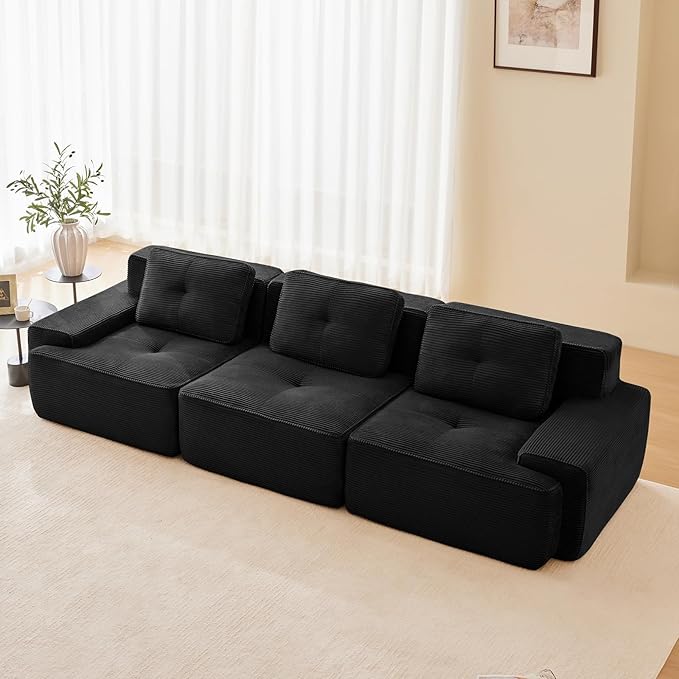 115" Modern Compressed Boneless Couch, 3 Seater Sectional Couches for Living Room, Black Corduroy Cloud Modular Sectional Sofa, Comfy Memory Foam, Extra Deep, Sofas para Sala, No Assembly