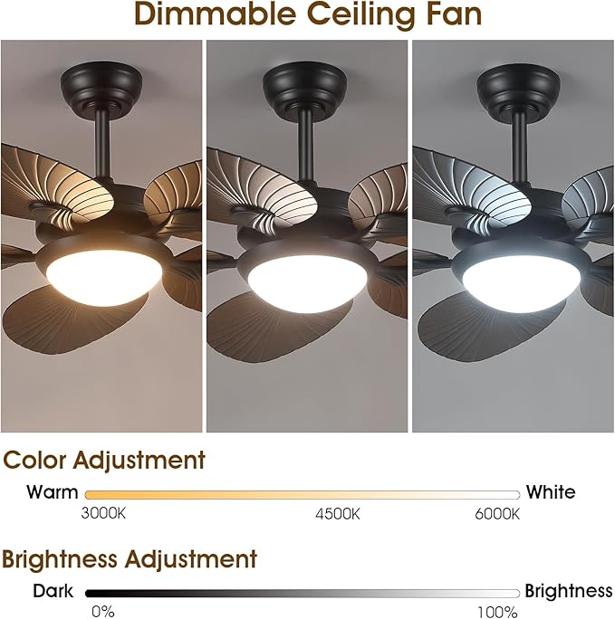 Tropical Ceiling Fans with Lights and Remote/APP Control, 44 Inch Palm Leaf Ceiling Fan with LED Lights, Outdoor Ceiling Fans for Patios Porch, Reversible Quiet Motor, Dimmable, Light Brown