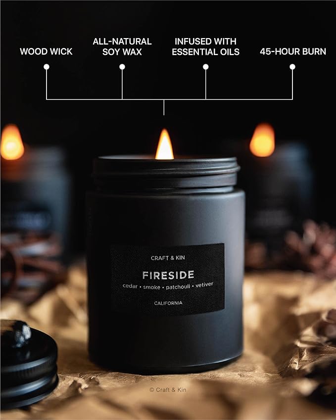 Craft & Kin Premium Smokey Fireside Candle | Christmas Scented Candles for Men | Men Candles with Wood Wicked | Long Lasting with 45 Hour Burn Time - 7.6oz