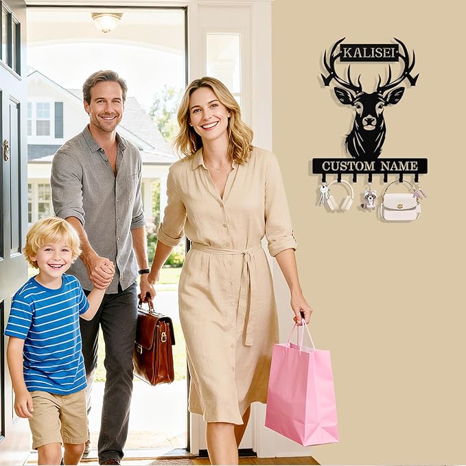 Personalized Deer Head Key Holder Wall Mount, Custom Metal Keys Hanger for Wall with Name, Custom Key Rack Holder with Hooks for Entryway, Front Door, Hallway, Living Room, Kitchen