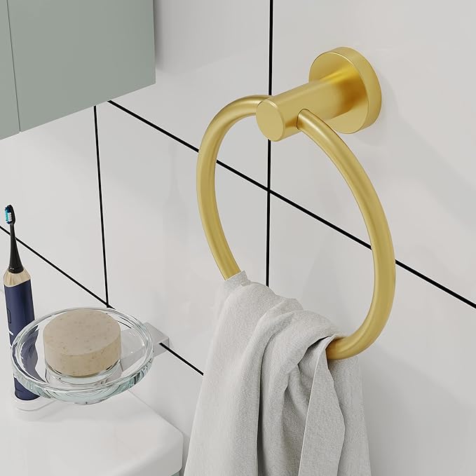 Gold Hand Towel Holder for Bathroom Kitchen Towel Ring Modern Rounded Base Wall Mount SUS304 Stainless Steel