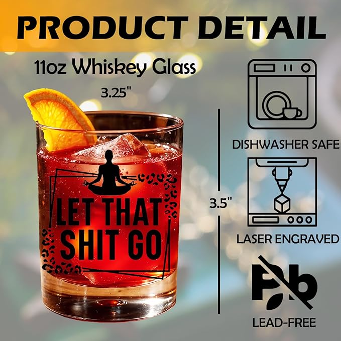 Yoga Lovers Gifts Old Fashioned Whiskey Glasses, Yoga Instructor Gifts, Let That Shit Go 10 oz Rocks Barware Cup for Cocktail Drinks Scotch Bourbon Liquor