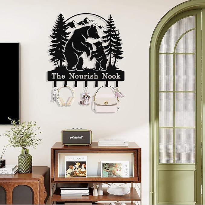 Personalized Bear Forest Key Holder Wall Mount, Custom Metal Key Holder for Wall with Name, Custom Keys Rack Hanger with Hooks for Entryway, Front Door, Hallway, Living Room, Kitchen