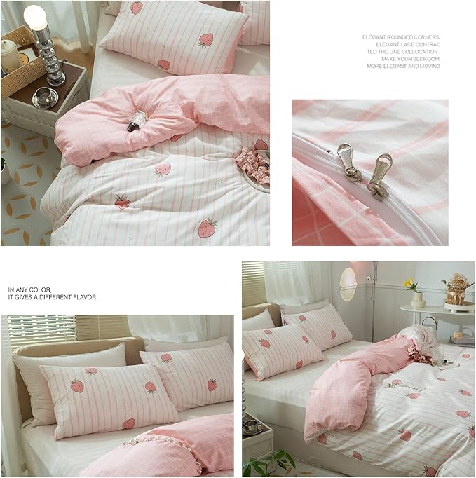 LifeTB Cute Strawberry Duvet Cover Full Size 3 Pieces Fruit Bedding Set Reversible Pink Plaid 100% Cotton Quilt Cover with Zipper Closure Kids Kawaii Pink Strawberry Comforter Cover for Girls Women
