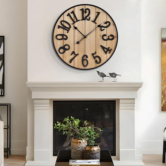 Large Wall Clock 16IN, Silent Metal Wood Style Wall Clocks Battery Operated for Living Room Decor, Farmhouse Big Wall Clock, Outdoor