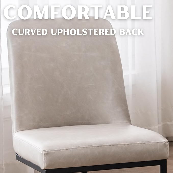 Grey PU Leather Dining Chairs Set of 4 Mid Century Modern Comfortable Dining Room Chair with Curved Backrest, Upholstered Kitchen Side Chairs with Black Metal Legs