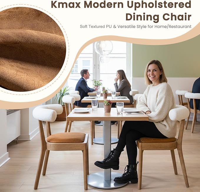 Kmax Dining Room Chairs Mid-Century Modern Leather Kitchen Chairs with Natural Walnut Finished Frame, Fur White Curved Back, Set of 6, PU Brown