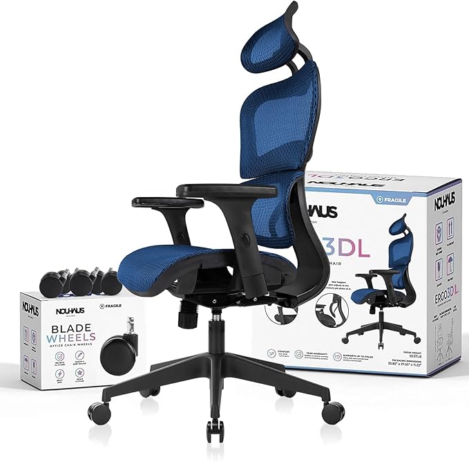 Nouhaus Ergo3dL Home Office Desk Chairs Ergonomic Office Chair High-Back Mesh Rolling Work Chairs with Wheels and Adjustable Headrests Comfortable Lumbar Support Adjustable Armrests,Navy Blue