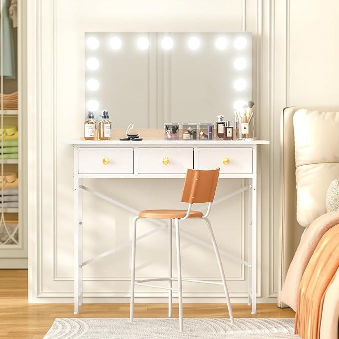 Makeup Vanity Desk No Mirror, 37.2 Inch Vanity with 3 Drawers, Girls Vanity Dressing Table for Bedroom, Small Vanity Table Home Office Desk for Small Spaces, White
