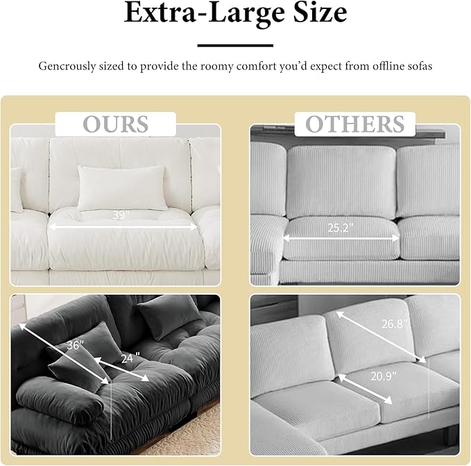 173.2" Oversized Couch, 4 Seater Modular Sectional Sofa, Grey Large L Shaped Fluffy Couch Set, Chenille Cloud Couches with Ottoman, Deep Seat Sofas for Living Room