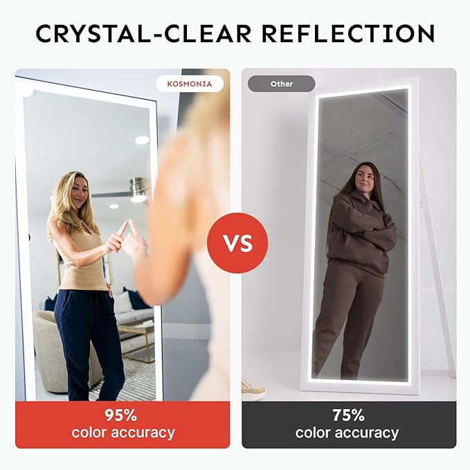 Kosmonia 72x24 Full Length Mirror, Dimmable 3 Color LED Light w/Light Memory, Distortion Free Silver Coating Mirror, HD Reflection &Anti Desilvering,Tempered Glass &Shatter Proof Film Doubles Safety