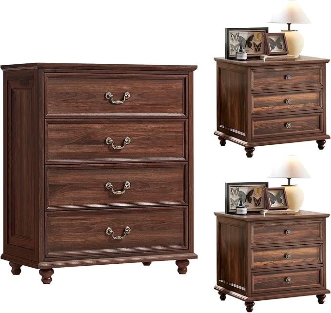 24" Wide Farmhouse Nightstand Set of 2, 37" Tall Rustic Chests of Drawers w/ 4 Solid Wood Feet, Farmhouse Furniture Series for Living Room,Bedroom,Brown